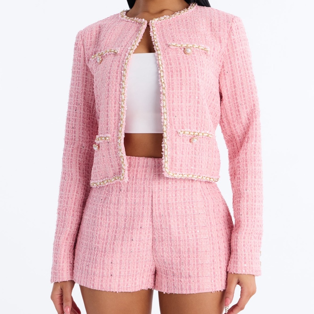 Fashion Nova Pink Tweed Cropped Bouclé Jacket matching set